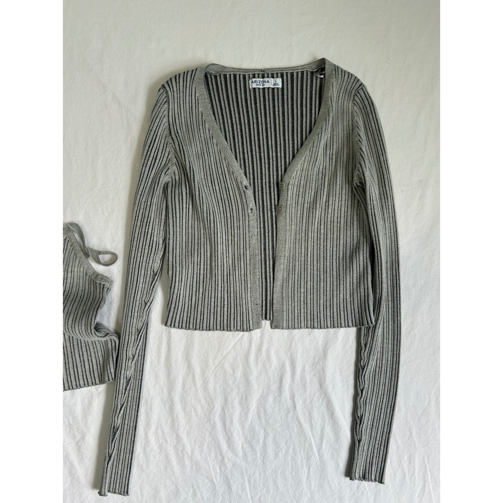 Arizona Jean Co Womens Grey Ribbed Knit 2 Piece Cardigan and Tank Top Set Large